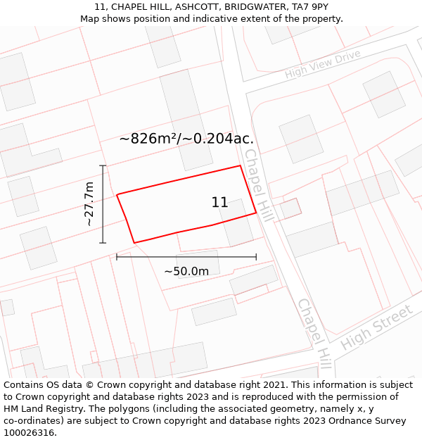 11, CHAPEL HILL, ASHCOTT, BRIDGWATER, TA7 9PY: Plot and title map