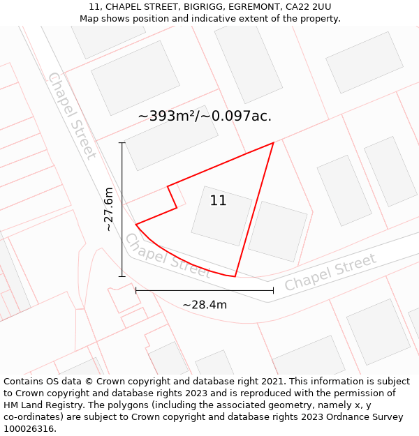 11, CHAPEL STREET, BIGRIGG, EGREMONT, CA22 2UU: Plot and title map