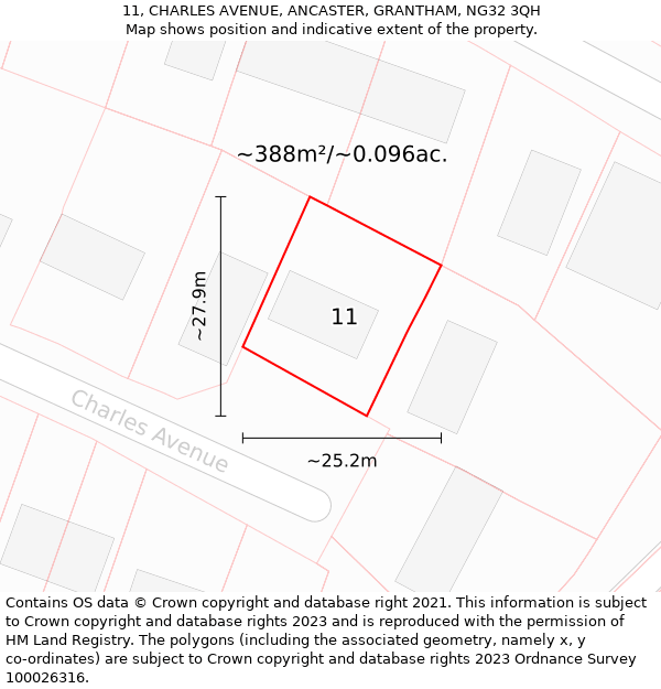 11, CHARLES AVENUE, ANCASTER, GRANTHAM, NG32 3QH: Plot and title map