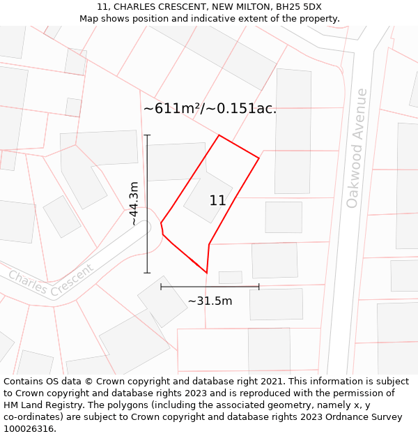 11, CHARLES CRESCENT, NEW MILTON, BH25 5DX: Plot and title map