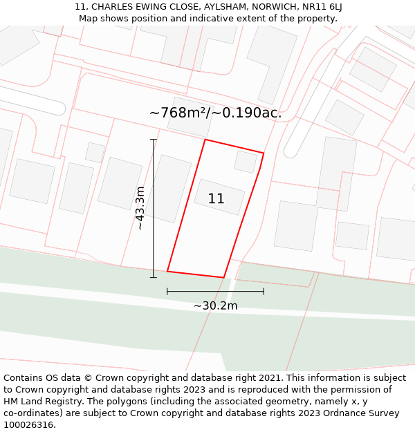 11, CHARLES EWING CLOSE, AYLSHAM, NORWICH, NR11 6LJ: Plot and title map