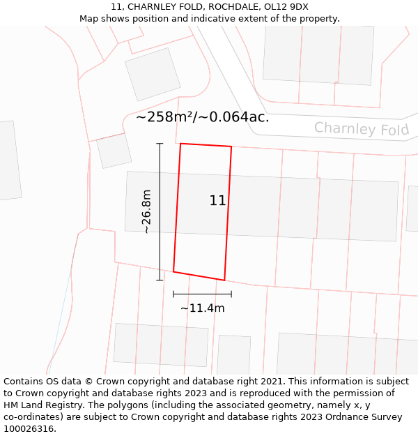 11, CHARNLEY FOLD, ROCHDALE, OL12 9DX: Plot and title map