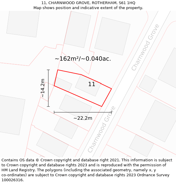 11, CHARNWOOD GROVE, ROTHERHAM, S61 1HQ: Plot and title map