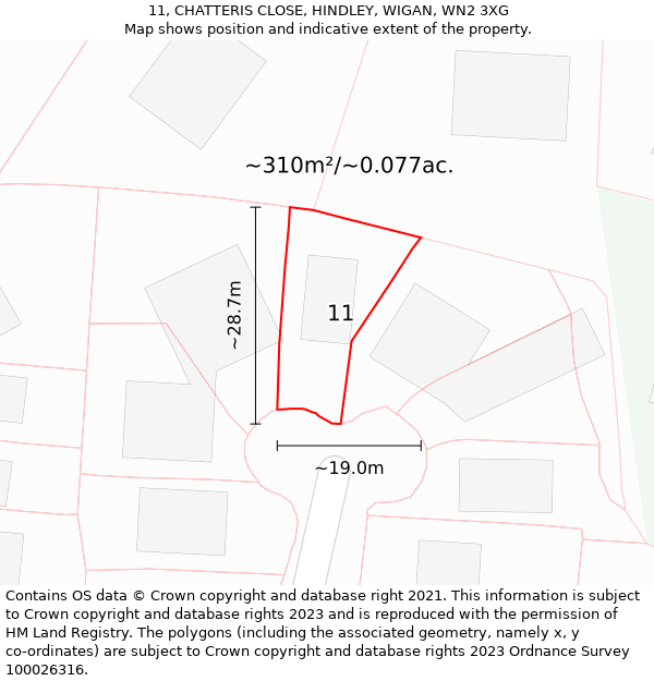 11, CHATTERIS CLOSE, HINDLEY, WIGAN, WN2 3XG: Plot and title map