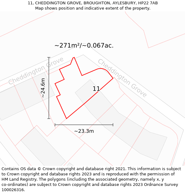 11, CHEDDINGTON GROVE, BROUGHTON, AYLESBURY, HP22 7AB: Plot and title map