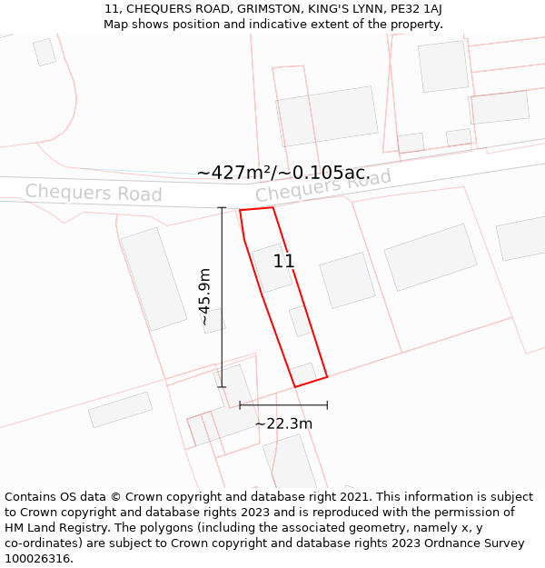 11, CHEQUERS ROAD, GRIMSTON, KING'S LYNN, PE32 1AJ: Plot and title map