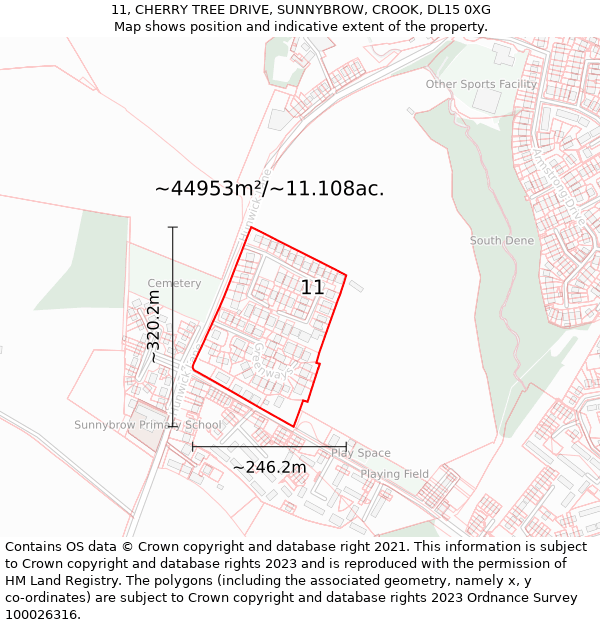 11, CHERRY TREE DRIVE, SUNNYBROW, CROOK, DL15 0XG: Plot and title map