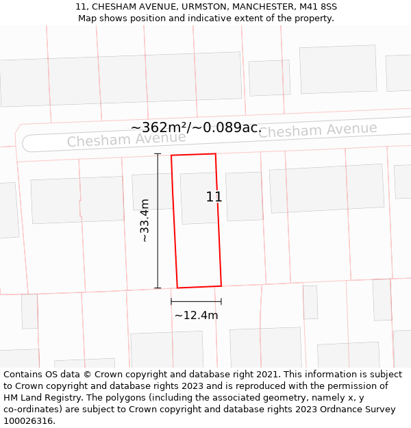 11, CHESHAM AVENUE, URMSTON, MANCHESTER, M41 8SS: Plot and title map