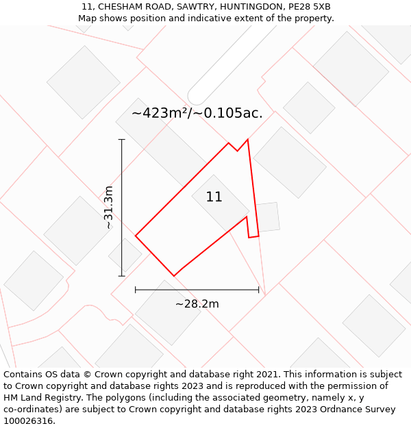 11, CHESHAM ROAD, SAWTRY, HUNTINGDON, PE28 5XB: Plot and title map