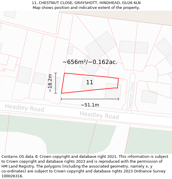 11, CHESTNUT CLOSE, GRAYSHOTT, HINDHEAD, GU26 6LN: Plot and title map