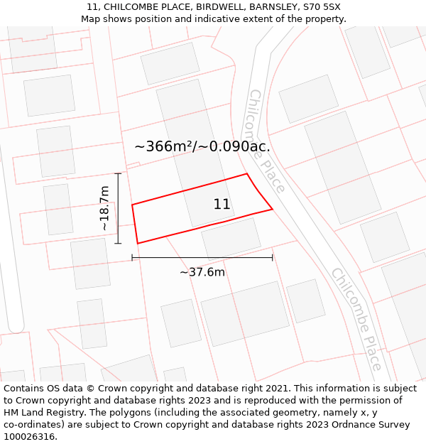 11, CHILCOMBE PLACE, BIRDWELL, BARNSLEY, S70 5SX: Plot and title map