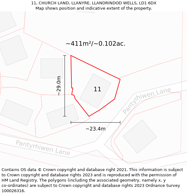 11, CHURCH LAND, LLANYRE, LLANDRINDOD WELLS, LD1 6DX: Plot and title map