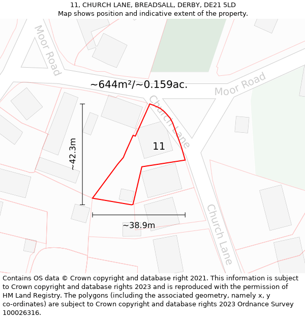 11, CHURCH LANE, BREADSALL, DERBY, DE21 5LD: Plot and title map