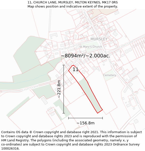 11, CHURCH LANE, MURSLEY, MILTON KEYNES, MK17 0RS: Plot and title map