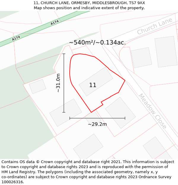 11, CHURCH LANE, ORMESBY, MIDDLESBROUGH, TS7 9AX: Plot and title map