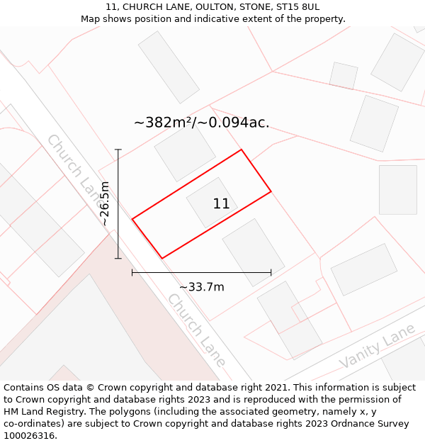 11, CHURCH LANE, OULTON, STONE, ST15 8UL: Plot and title map