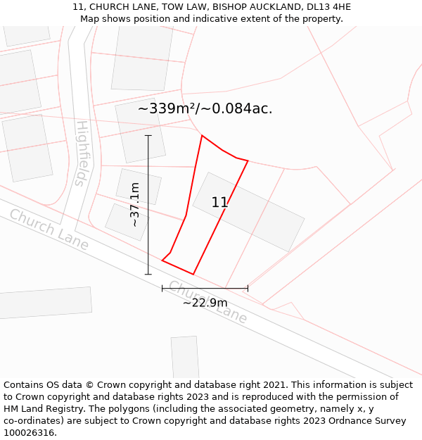 11, CHURCH LANE, TOW LAW, BISHOP AUCKLAND, DL13 4HE: Plot and title map