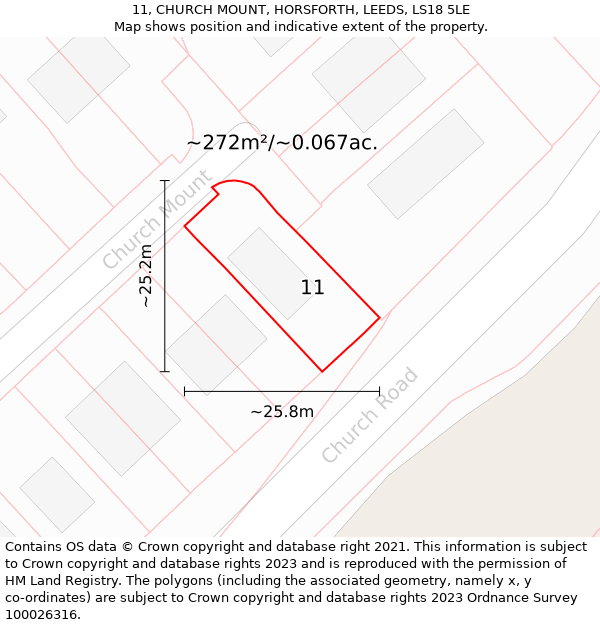 11, CHURCH MOUNT, HORSFORTH, LEEDS, LS18 5LE: Plot and title map