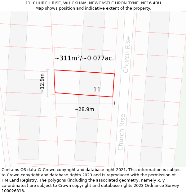 11, CHURCH RISE, WHICKHAM, NEWCASTLE UPON TYNE, NE16 4BU: Plot and title map