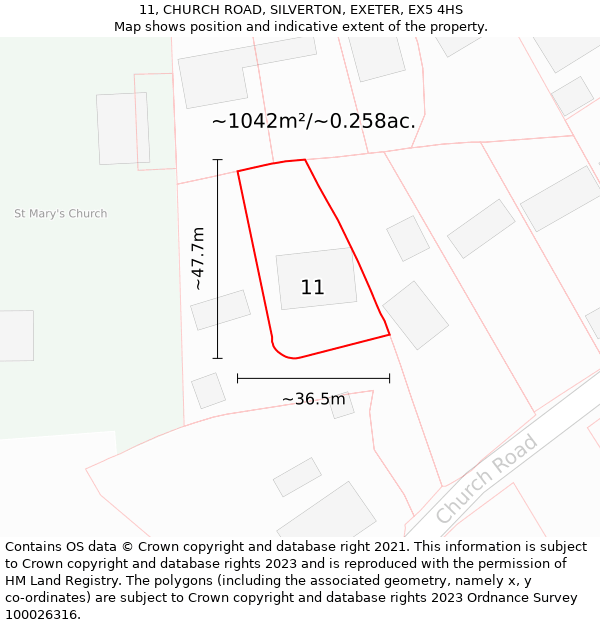 11, CHURCH ROAD, SILVERTON, EXETER, EX5 4HS: Plot and title map