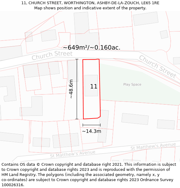 11, CHURCH STREET, WORTHINGTON, ASHBY-DE-LA-ZOUCH, LE65 1RE: Plot and title map