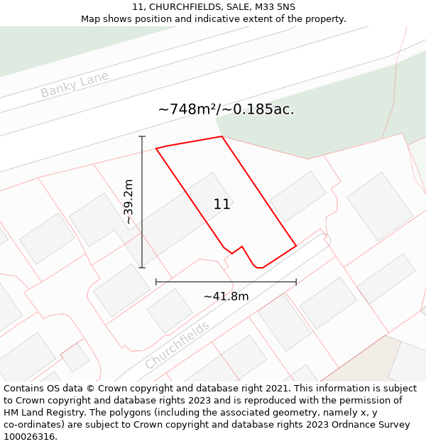 11, CHURCHFIELDS, SALE, M33 5NS: Plot and title map