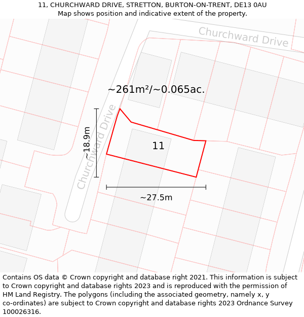 11, CHURCHWARD DRIVE, STRETTON, BURTON-ON-TRENT, DE13 0AU: Plot and title map