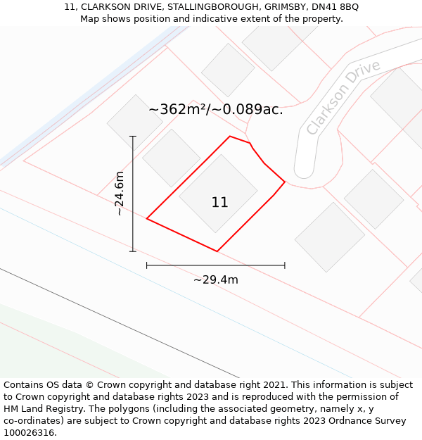 11, CLARKSON DRIVE, STALLINGBOROUGH, GRIMSBY, DN41 8BQ: Plot and title map