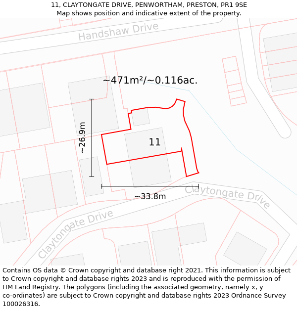 11, CLAYTONGATE DRIVE, PENWORTHAM, PRESTON, PR1 9SE: Plot and title map