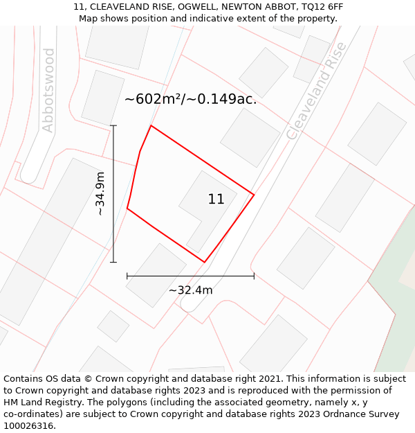 11, CLEAVELAND RISE, OGWELL, NEWTON ABBOT, TQ12 6FF: Plot and title map