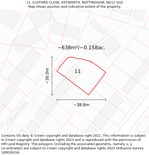 11, CLIFFORD CLOSE, KEYWORTH, NOTTINGHAM, NG12 5GZ: Plot and title map