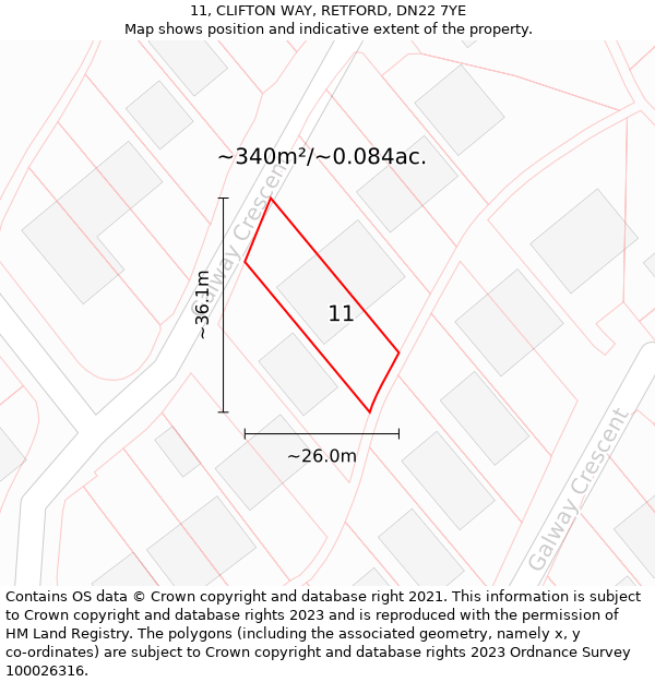 11, CLIFTON WAY, RETFORD, DN22 7YE: Plot and title map