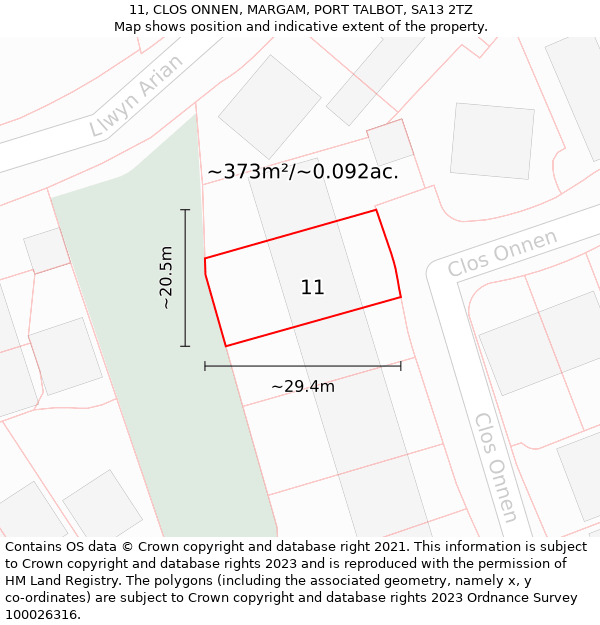 11, CLOS ONNEN, MARGAM, PORT TALBOT, SA13 2TZ: Plot and title map