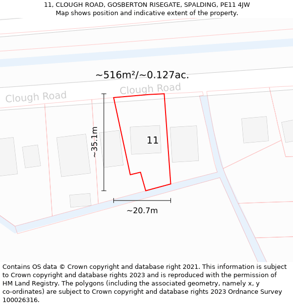 11, CLOUGH ROAD, GOSBERTON RISEGATE, SPALDING, PE11 4JW: Plot and title map