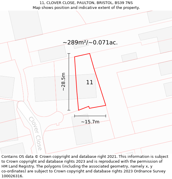 11, CLOVER CLOSE, PAULTON, BRISTOL, BS39 7NS: Plot and title map