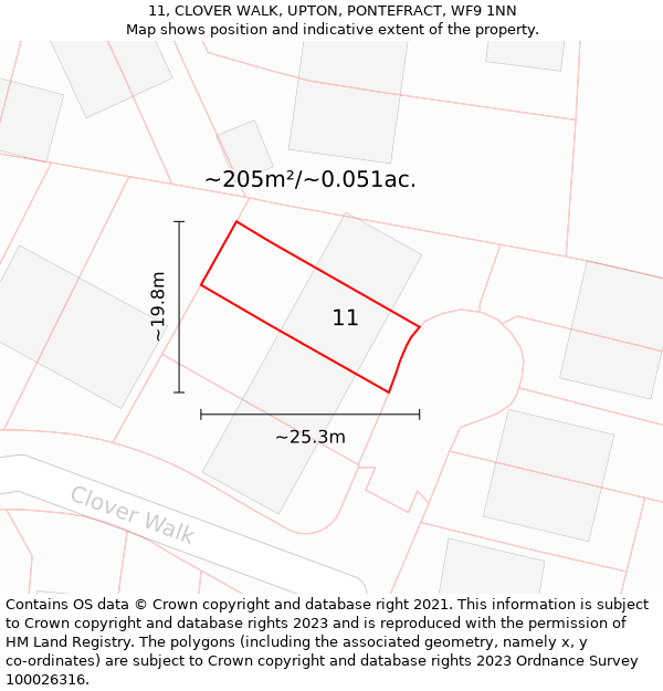 11, CLOVER WALK, UPTON, PONTEFRACT, WF9 1NN: Plot and title map