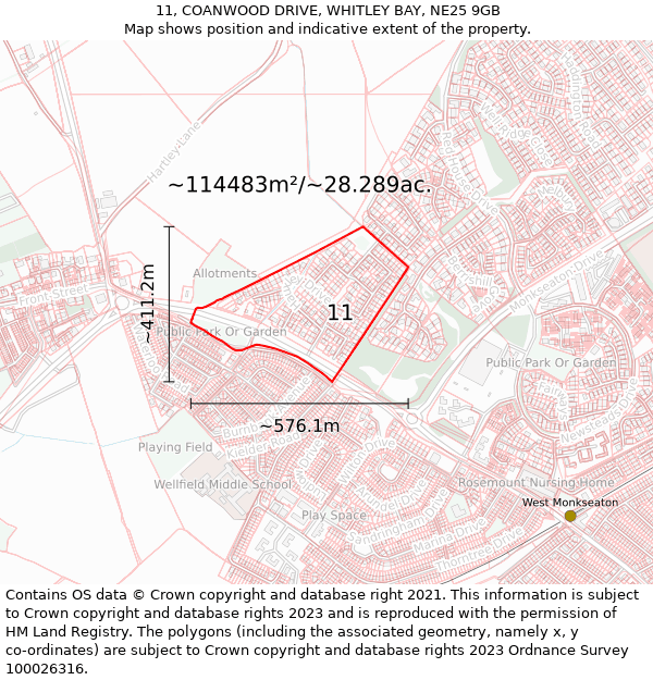 11, COANWOOD DRIVE, WHITLEY BAY, NE25 9GB: Plot and title map