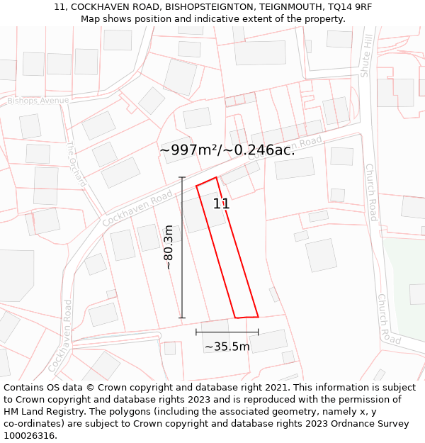 11, COCKHAVEN ROAD, BISHOPSTEIGNTON, TEIGNMOUTH, TQ14 9RF: Plot and title map