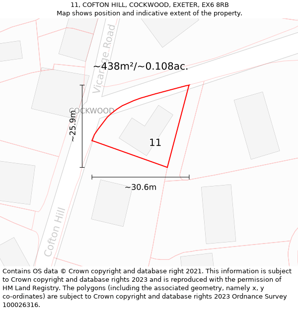 11, COFTON HILL, COCKWOOD, EXETER, EX6 8RB: Plot and title map