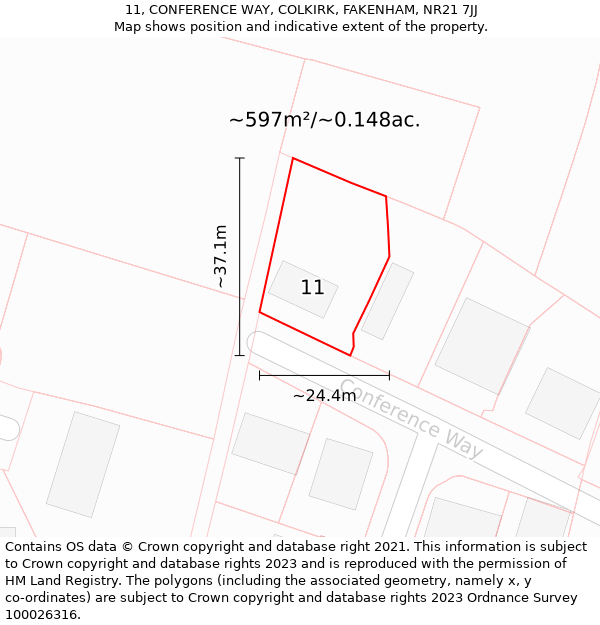 11, CONFERENCE WAY, COLKIRK, FAKENHAM, NR21 7JJ: Plot and title map