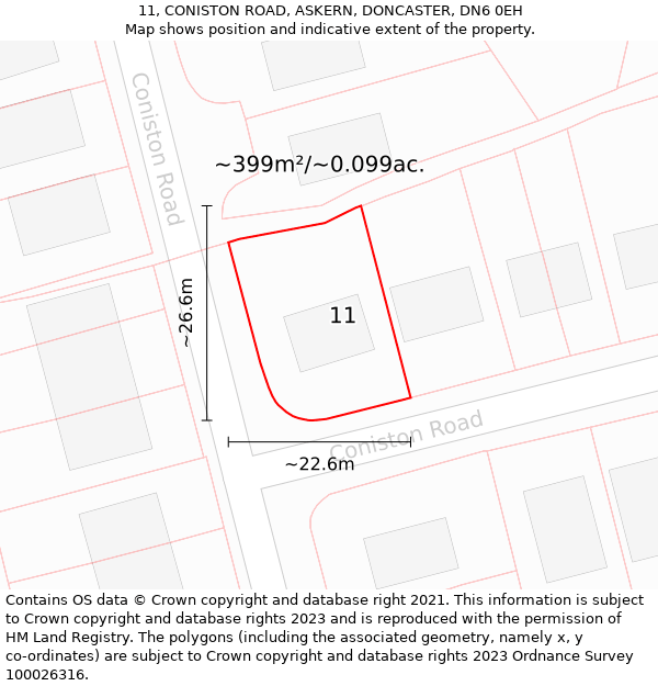 11, CONISTON ROAD, ASKERN, DONCASTER, DN6 0EH: Plot and title map