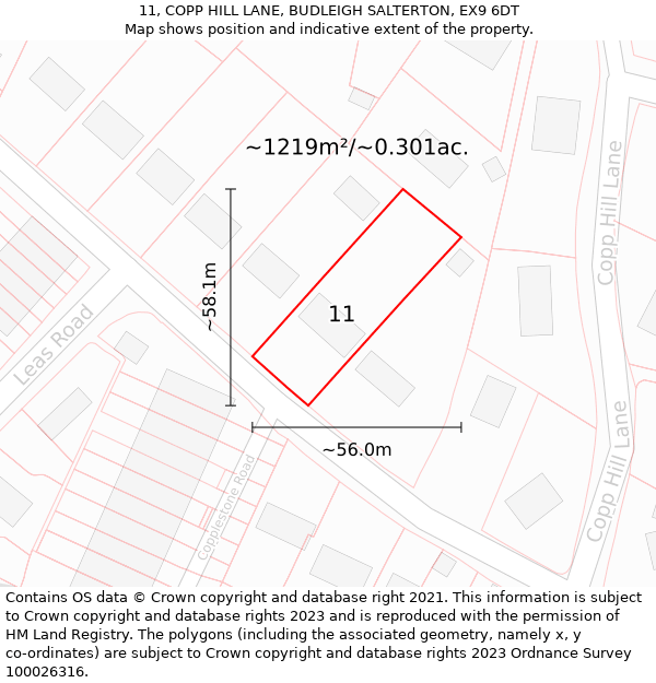 11, COPP HILL LANE, BUDLEIGH SALTERTON, EX9 6DT: Plot and title map