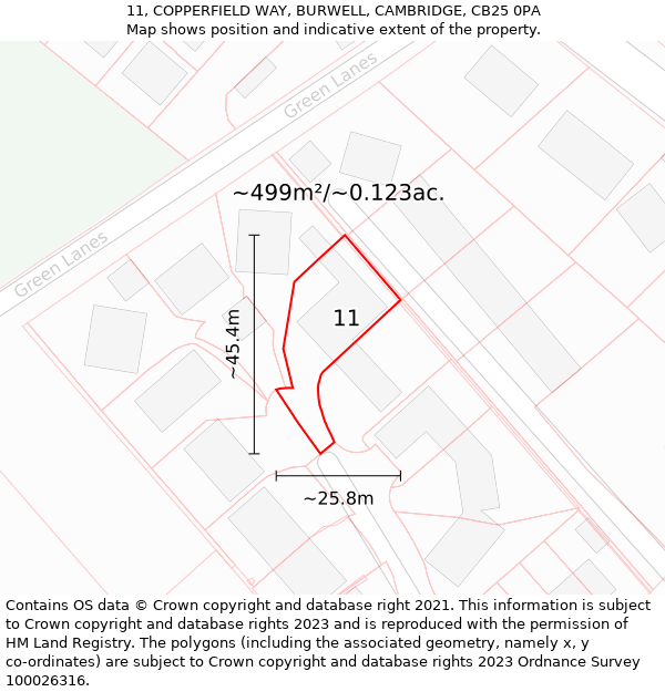 11, COPPERFIELD WAY, BURWELL, CAMBRIDGE, CB25 0PA: Plot and title map