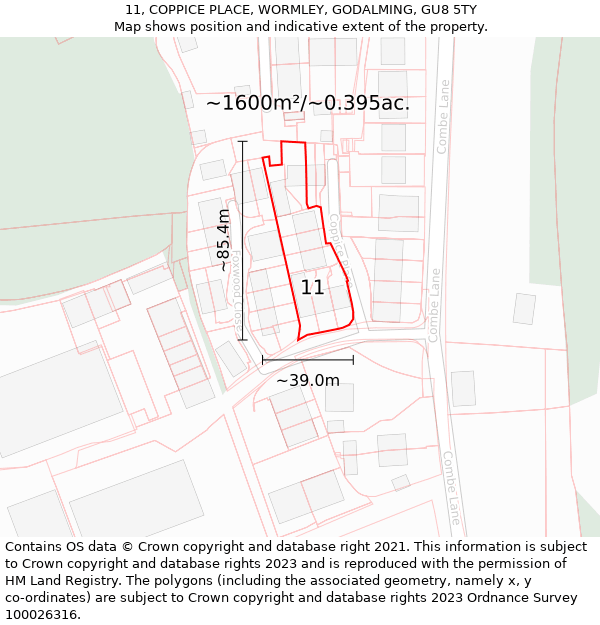 11, COPPICE PLACE, WORMLEY, GODALMING, GU8 5TY: Plot and title map