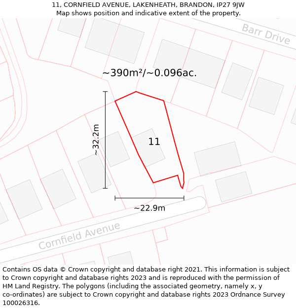 11, CORNFIELD AVENUE, LAKENHEATH, BRANDON, IP27 9JW: Plot and title map