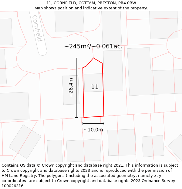 11, CORNFIELD, COTTAM, PRESTON, PR4 0BW: Plot and title map