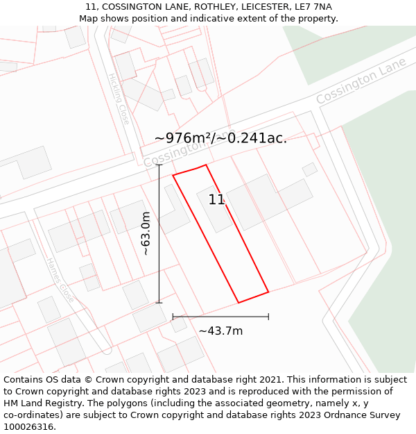 11, COSSINGTON LANE, ROTHLEY, LEICESTER, LE7 7NA: Plot and title map