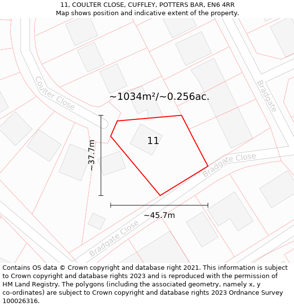 11, COULTER CLOSE, CUFFLEY, POTTERS BAR, EN6 4RR: Plot and title map