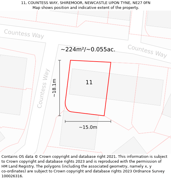 11, COUNTESS WAY, SHIREMOOR, NEWCASTLE UPON TYNE, NE27 0FN: Plot and title map