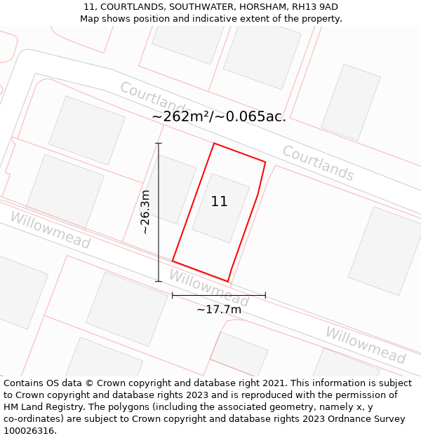 11, COURTLANDS, SOUTHWATER, HORSHAM, RH13 9AD: Plot and title map